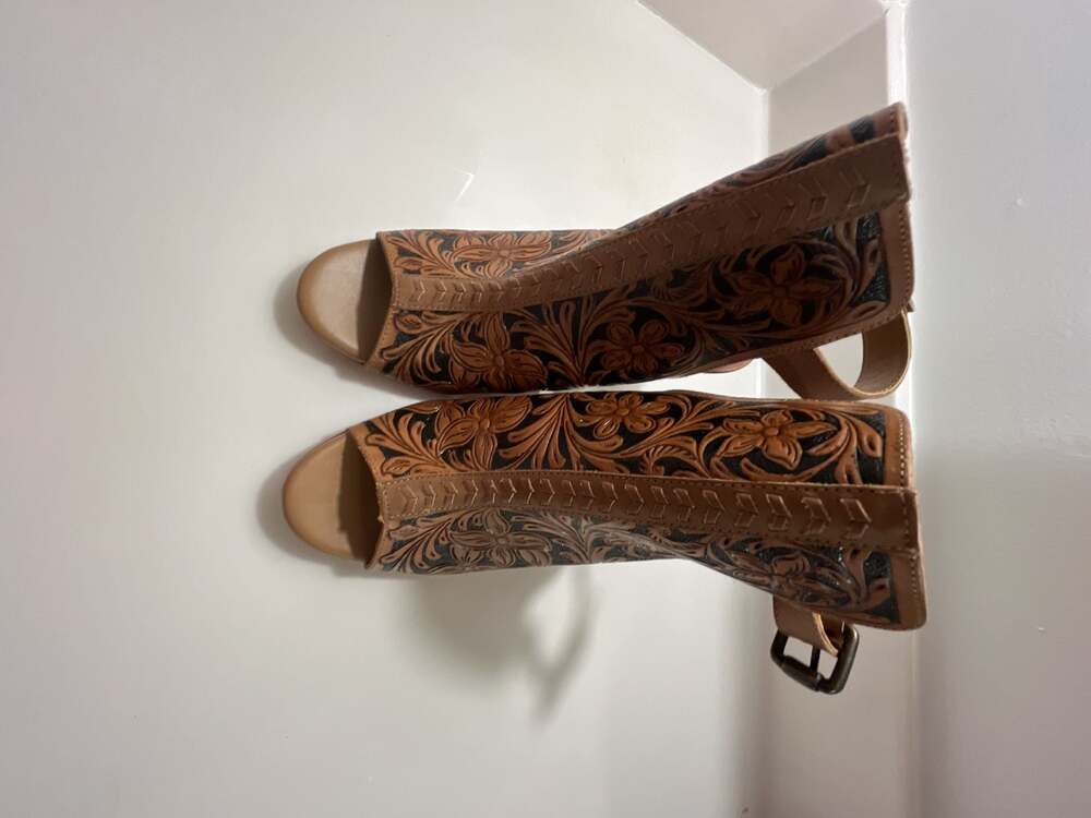 Myra Bag Dodge Town Hand-Tooled Leather Open Toe Heels - Picture 3 of 15